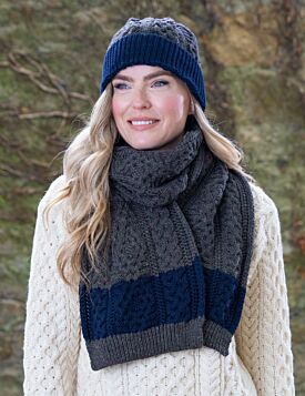 Hat and Scarf Set - 100% Merino Wool - ONE SIZE - Forest Green / Navy