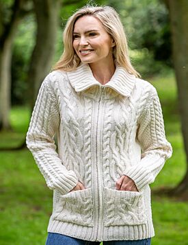 Full Zip Fitted Aran Cardigan with large collar 