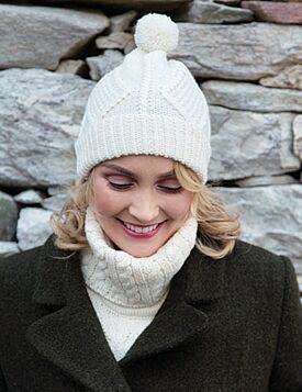 Hand Knit Aran Hat with bobble Natural