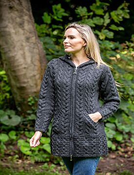 Irish Aran Hooded Coat Charcoal 