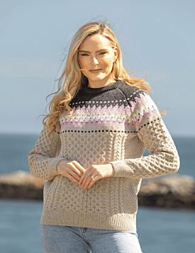 100% Merino Wool Fairisle Aran Sweater Oatmeal
