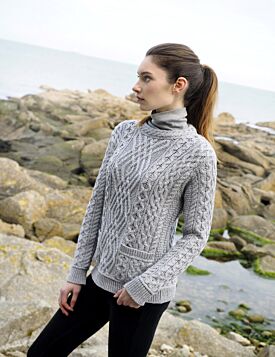 Aran Cable Sweater with Pockets Soft Grey