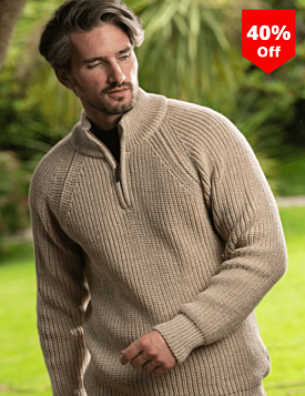Men's half zip ribbed sweater Camel