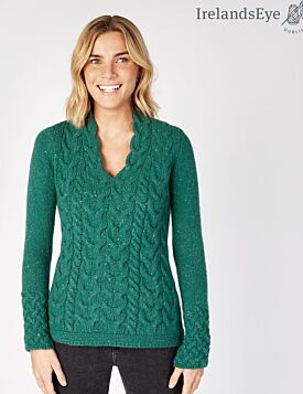 Wool and Cashmere Cable v Neck Sweater - Green Garden
