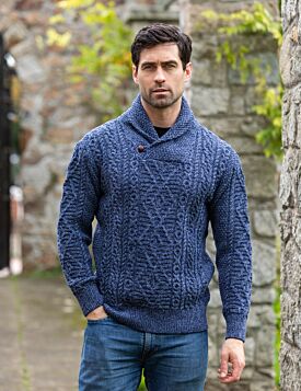 Shawl Neck Aran Sweater Slate | The Sweater Shop