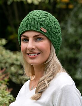 100% Wool Fully Lined Aran Pull on Hat Green