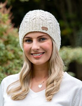 100% Wool Fully Lined Aran Pull on Hat Natural