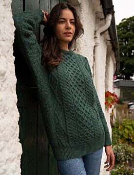 Pure Wool Unisex Aran Sweater Moss Green