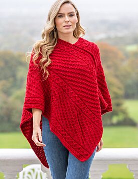 Ladies Merino Wool V Poncho Red