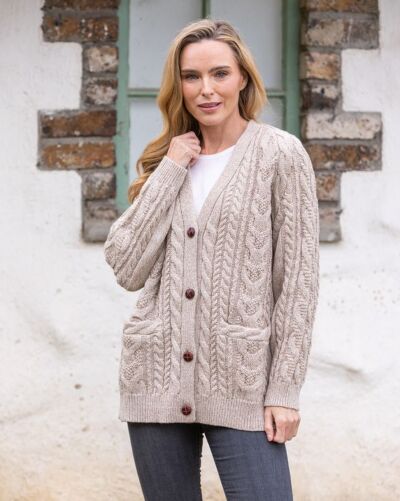 Ladies Aran Boyfriend Cardigan Camel