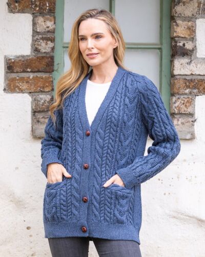 Ladies Aran Boyfriend Cardigan Sea Melange