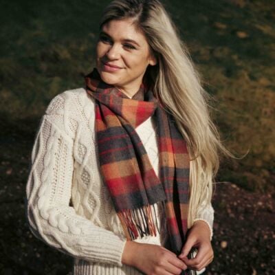 Extra Fine Merino Wool Scarf Charcoal, Orange, Red Check