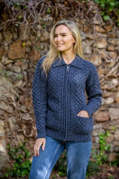 Aran Zip Cardigan with Collar - Denim Marl
