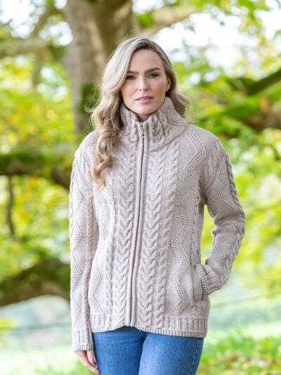 Merino wool aran cardigan womens natural 
