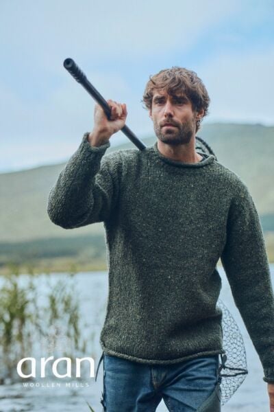 100% Donegal Wool Roll Neck Sweater  Olive Green