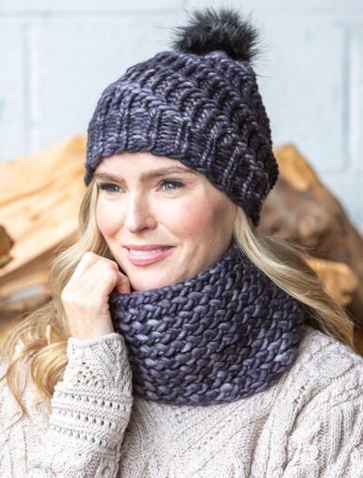 Handmade in Ireland - Snood and Bobble Hat Set - Grey