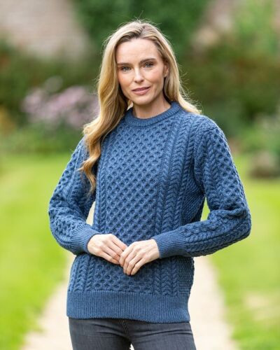 Unisex Merino Wool Aran Sweater - Sea Melange