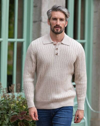 Extra Fine Merino Wool Button Neck Sweater - Beige