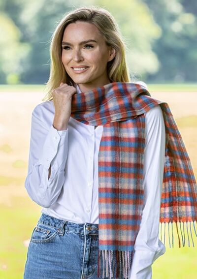 100% Cashmere Scarf blue/red/orange check