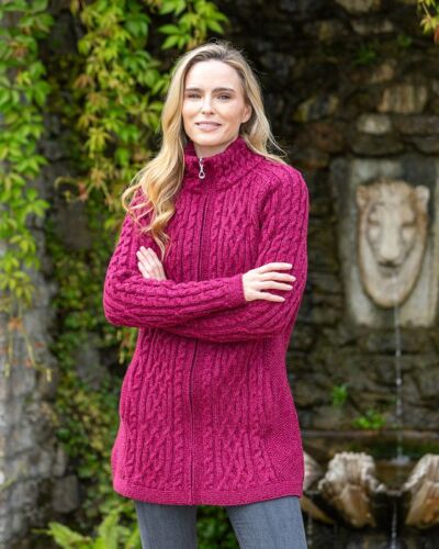 Full Zip Long Aran Cardigan Raspberry