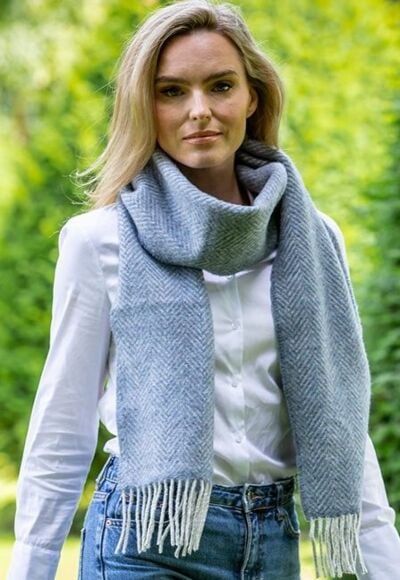 Wool and Cashmere Blue Herringbone Scarf 2424