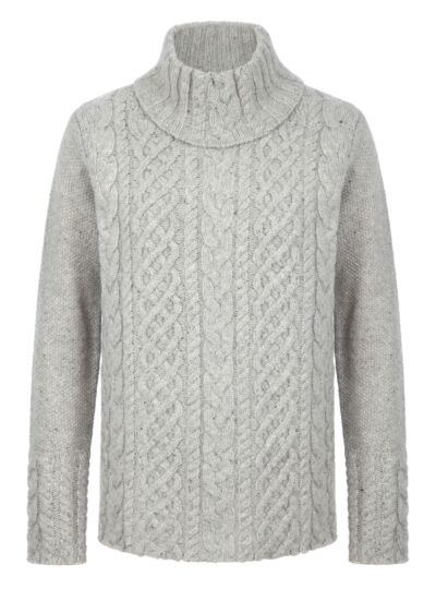 Aran Turtle Neck Sweater-Grey-S 1