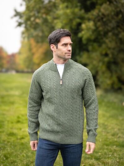 100% Lambswool Cable Knit Half Zip Pesto