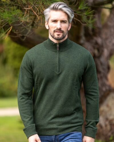 100% Light Weight Lambswool Half Zip Army Green