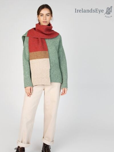 IrelandsEye Knitwear ‘Elder’ Contrast Panel Scarf Apple Sunset