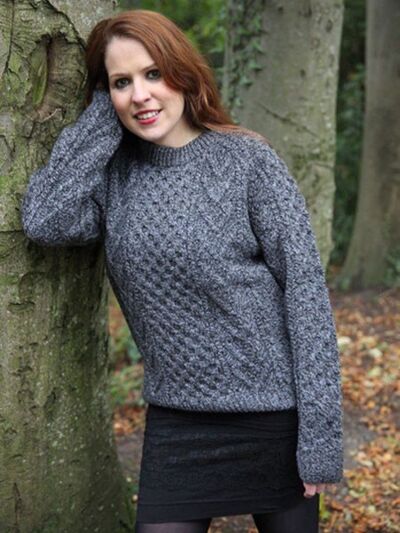 Aran Handknit Crew Neck Sweater - Large Fitting-XL 2-Charcoal