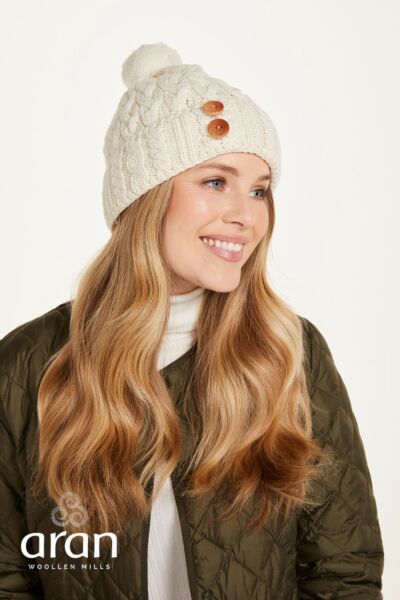 Super Soft Aran Hat with Triskelion Buttons - natural