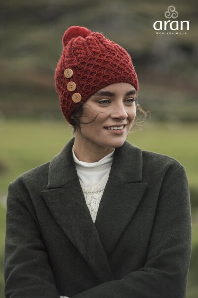 Aran Merino Wool Hat with 3 Buttons