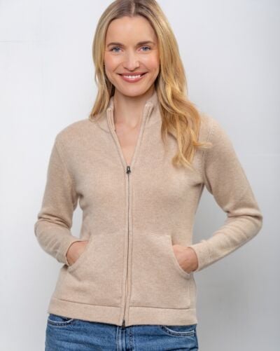 Cashmere and Merino Full Zip Cardigan Camel