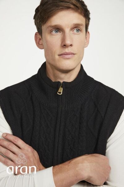Sleeveless Lined Shetland Wool Aran Cardigan black