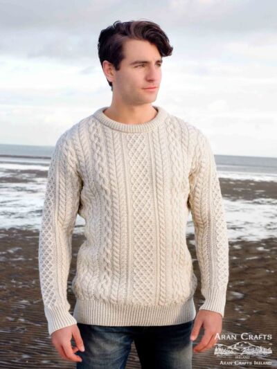 Pure Wool Cable Knit Mens Crew Neck Sweater