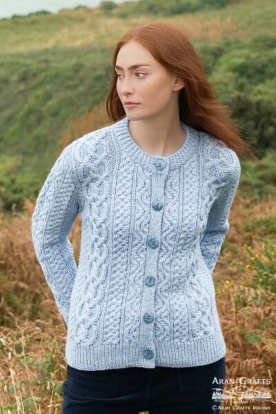 Short Buttoned Aran Cardigan - Ice Blue