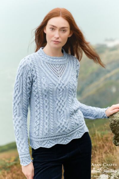 Scallop Hem Crew Neck Lace Sweater Ice Blue