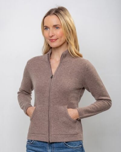 Cashmere and Merino Full Zip Cardigan Light Brown