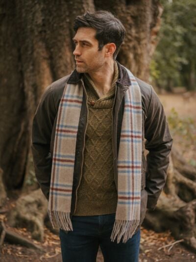 100% Cashmere Scarf Unisex Beige Blue Tartan
