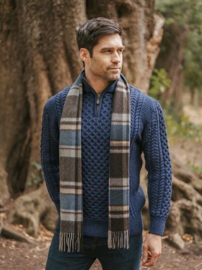 100% Cashmere Scarf Unisex Blue Brown Check