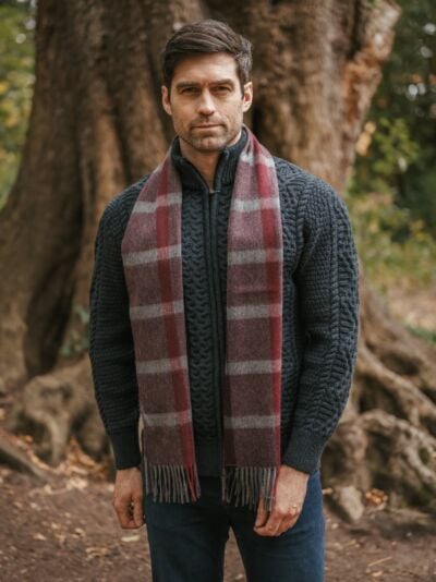 100% Cashmere Scarf Unisex Burgundy Grey Check