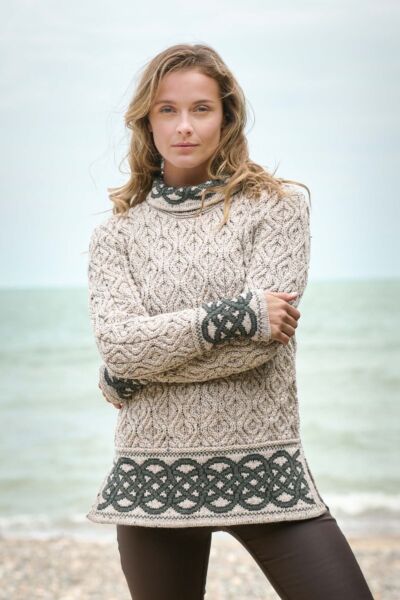 Jacquard Cowl Neck Irish Sweater Oatmeal