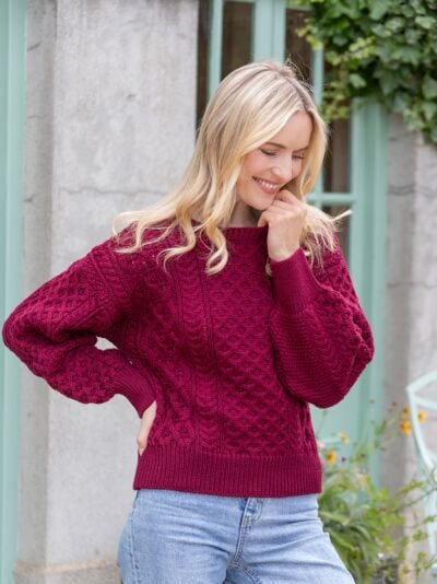 Honeysuckle Cropped Aran Sweater Claret