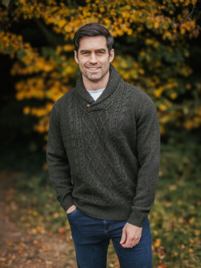 Wool Blend Aran Shawl Neck Sweater Green