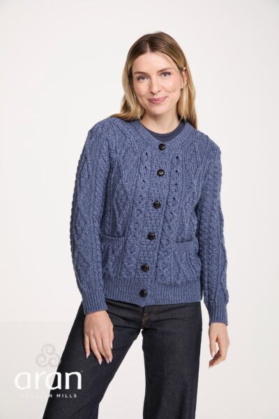 100% Wool Irish Aran Cardigan Denim
