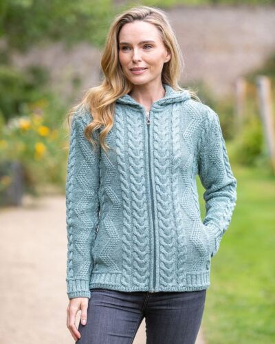 Ladies Aran Hooded Cardigan With Cladagh Zip