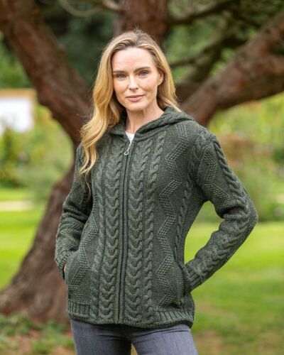 Ladies Aran Hooded Cardigan With Cladagh Zip