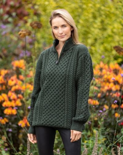 Unisex Half Zip Merino Wool Sweater Green Marl