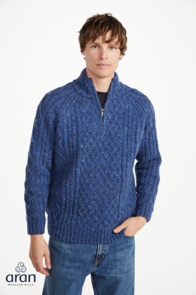 100% Pure New Donegal Wool 1/2 Zip Sweater Blue