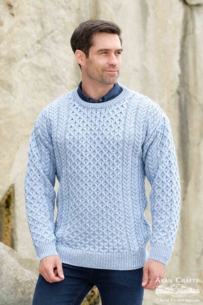 Unisex Merino Wool Aran Sweater Ice Blue